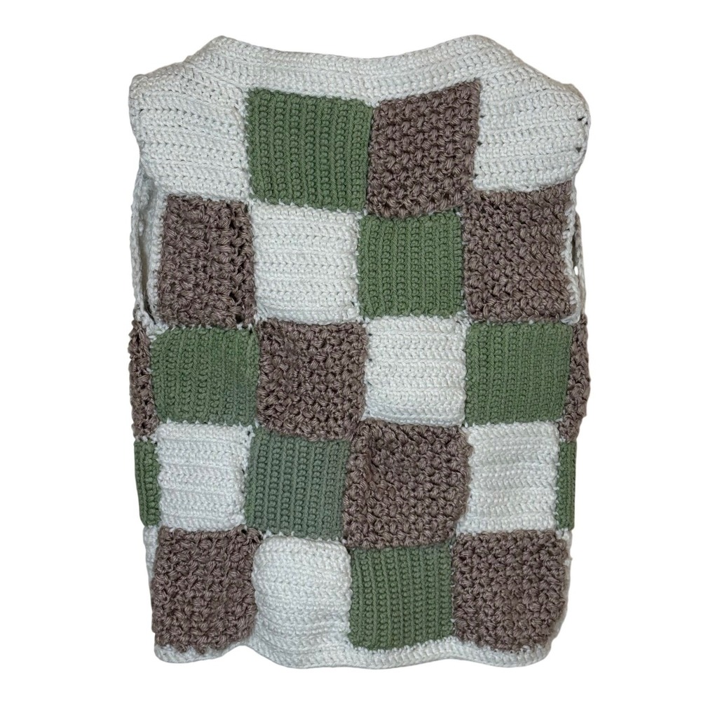 Hand Knit Kids Patchwork Vest Open Front Cottagecore Green Cream Handmade - Picture 2 of 3